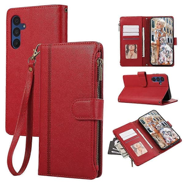 Compatible Case for Samsung Galaxy A56 5G, Multi-Slot, Zipper, Leather Case with Wrist Strap Red