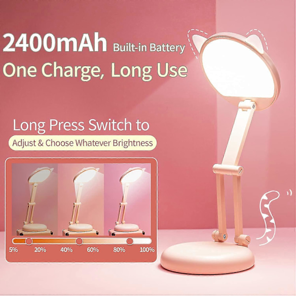 LED Skrivebordslampe Søt Skrivebordslampe Rosa Skrivebordslampe, 8 Lysstyrker Sammenleggbar Liten Skrivebordslampe, Bærbar Barnes Skrivebordslampe Dimbar Skrivebordslampe, USB-Lading Kawaii C