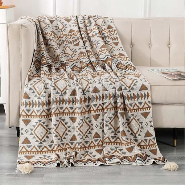 Bohemisk Stickad Pläd Filt Nordisk Stil med Toppar, Akryl Stickad Pläd Dekorativ för Soffa Stol Säng Divan Sittmöbel 130*170cm
