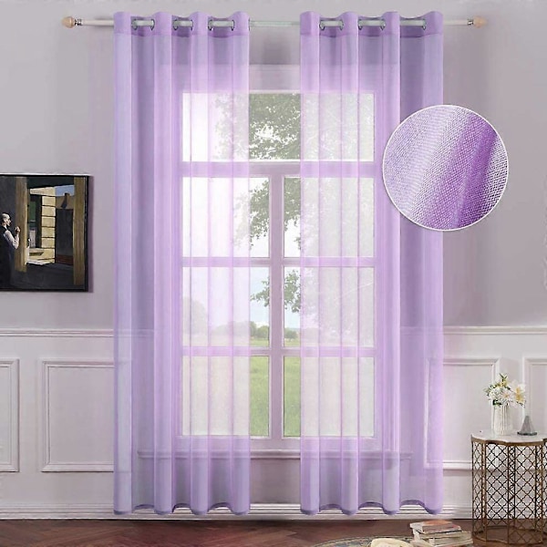 Sæt med 2 lette Voile gardiner med øjer, Transparent udseende, Gardiner lavet af Voile polyester, Øjegardin, Transparent, 132x160 Cm (BxH), Lys lilla