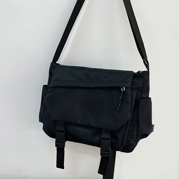 Messenger Bag för män och kvinnor, väska med lock, nylon, lätt, casual axelväska, stor kapacitet, svart