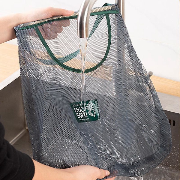 Hengende nettpose for grønnsaker og frukt Gjenbrukbare frukt- og grønnsaksposer Pustende nett for grønnsaker, frukt, kjøkkenoppbevaring hvit og blå 41*35c