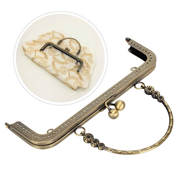 Metallisk plånboksram Kyssspänne Lås Brons Ton Retro Fyrkantig Präglad Bärbar Handtag 20,5 cm