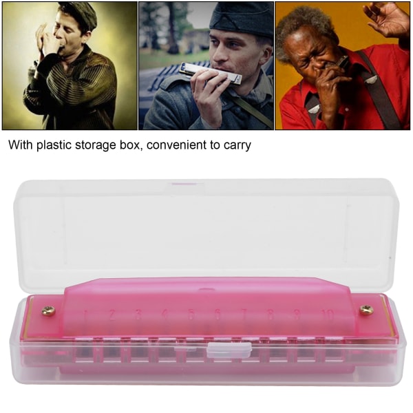 Vaaleanpunainen läpikuultava muovinen huuliharppu, jossa 10 reikää ja säilytyslaatikko - lasten musiikki-instrumentti Pink