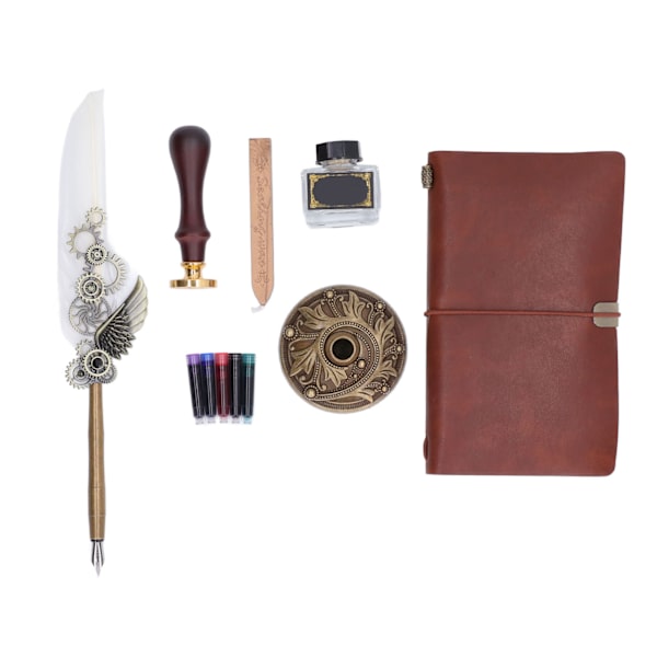 Hvidt fjerpennesæt Mekanisk tekstur Vintage Elegance Quill Pen Blæksæt med blækpose Metalindgraveret Nib Notebook-stempel
