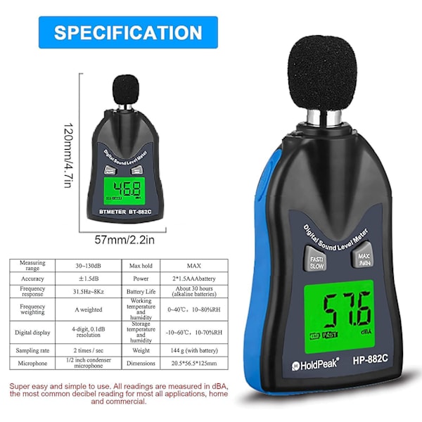Digital Lydniveau Måler - 30-130dBA Støjvolumen Måleinstrument med Max/Min Hold Data og LCD Baggrundsbelysning