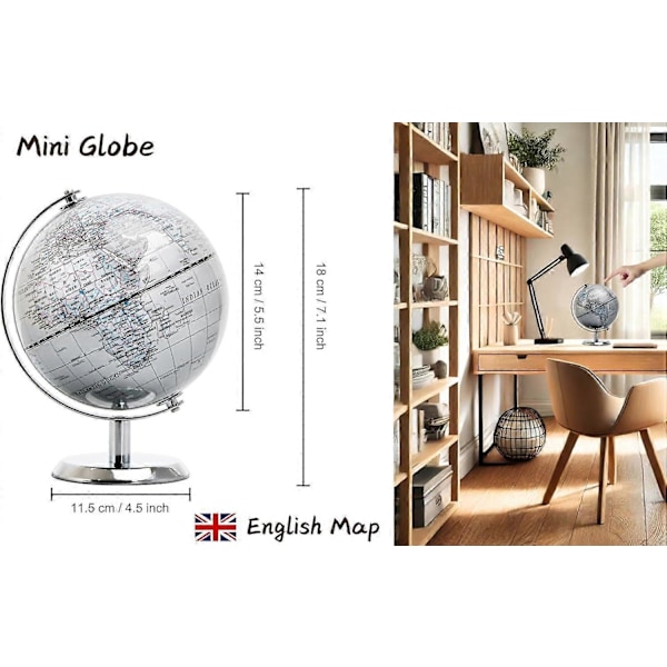14 cm Världsglob Silver - Mini Glob Pedagogisk/Geografi/Modern Skrivbordsdekor - Silvergrå