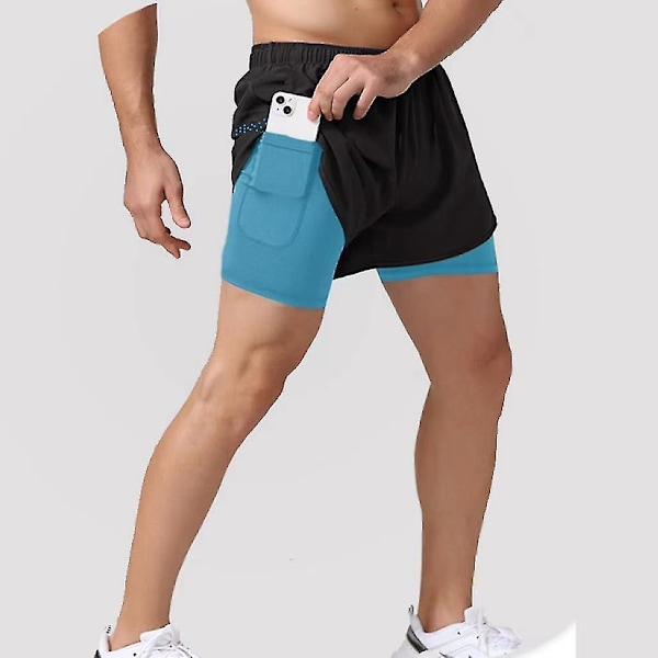 Sportiga 2-i-1 herrshorts med dubbla lager för träning på sommaren L Tiffany Blue