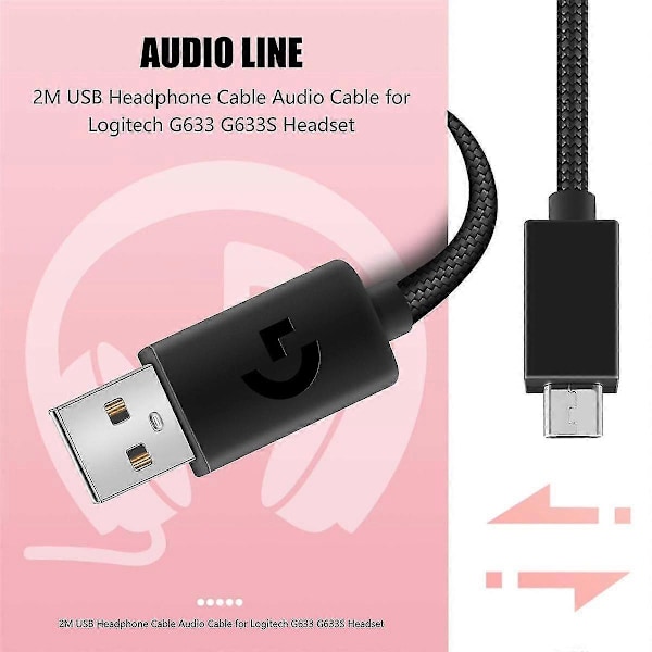 2M USB Hovedtelefonkabel Lydkabel kompatibelt med G633 G633S Headset