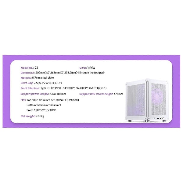 C6 MATX Mini ITX Kotelo PC Kotelo Pöytäkone Mesh Runko Valkoinen