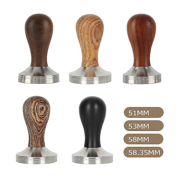 Kaffetamper i rustfritt stål med gul palisanderhåndtak, flat base 51mm