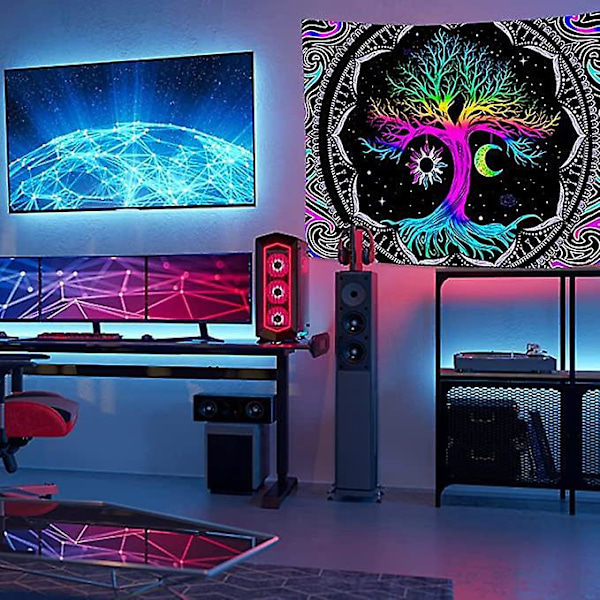 Kuu- ja aurinkokuvioiset seinävaatteet Elämänpuu UV-fluoresoiva psykedeelinen kuvakudos Mandala Elämänpuu-kuvakudos, makuuhuoneen sisustus seinävaate