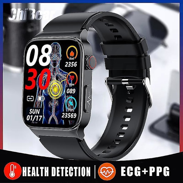 Blodsukker Smart Watch 2023 EKG Blodtryksmåler Sundhedsmonitor Fitness Tracker IP68 Vandtæt Smartwatch til Mænd og Kvinder Silicagel Sort