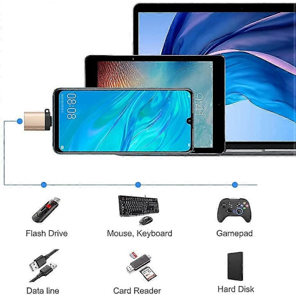 USB C - USB 3.0 -sovitin kaulanauhalla (2 kpl), USB-C - USB-A naaras OTG -sovitin USB Type C -sovitin, yhteensopiva MacBookin, Huawein ja muiden kanssa, kulta