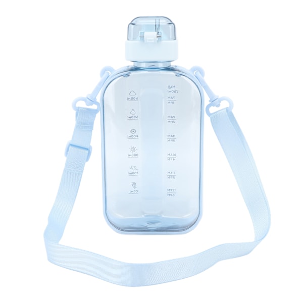 Flat vannflaske 750ml PC klar lekkasjesikker bærbar slank sportsvannflaske med skala og bære stropp for reise gym camping blå