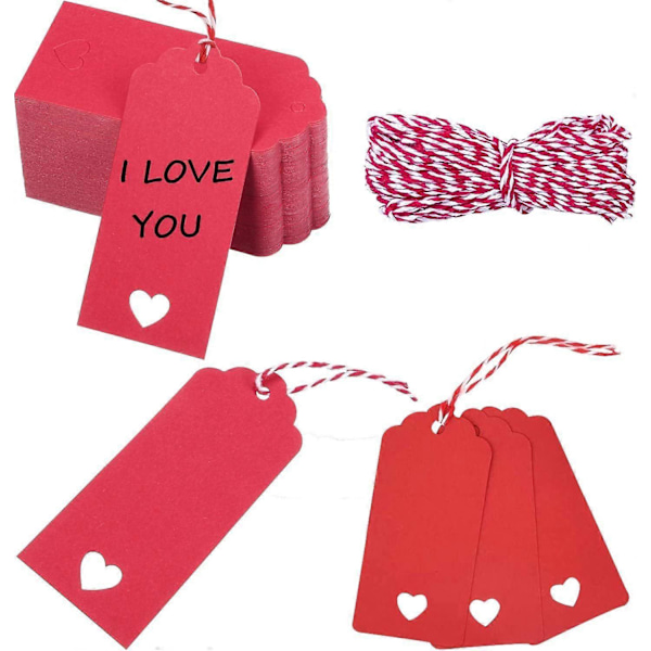 Lahjalaput Kraft-paperi, 9,5 x 4,5 cm, 100 kpl juuttinarulla, häihin, ystävänpäivään, syntymäpäivään, jouluun (Punainen)