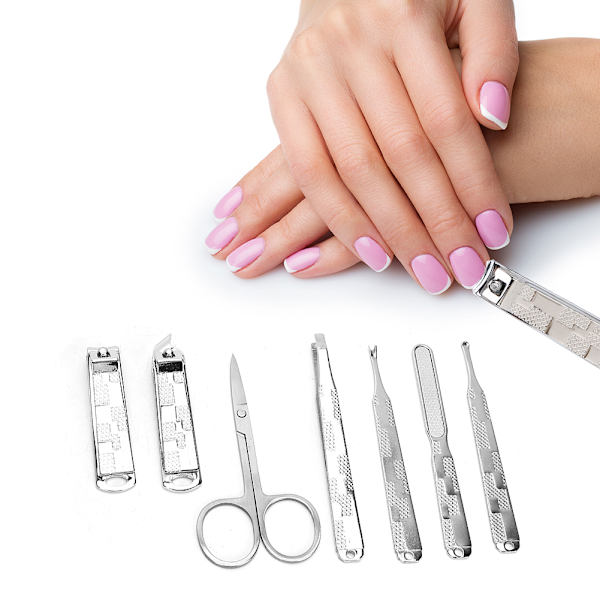 7-delad portabel nagelklippare, ögonbrynssax, död hudskjutare, nagelfil, manikyrverktyg