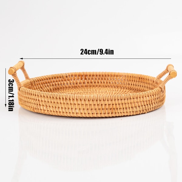 Håndvævet rund flettet bakke af rotting til servering af brød, frugt, desserter og snacks med håndtag, diameter 24 cm, højde 3 cm