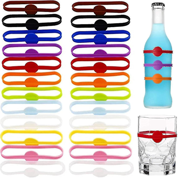 Silicone Drink Markers - Set of 24 for Party Glasses, Cups, Cans - Wine Glass Charms and Beer Bottle Strip Tag Marker for Drinks