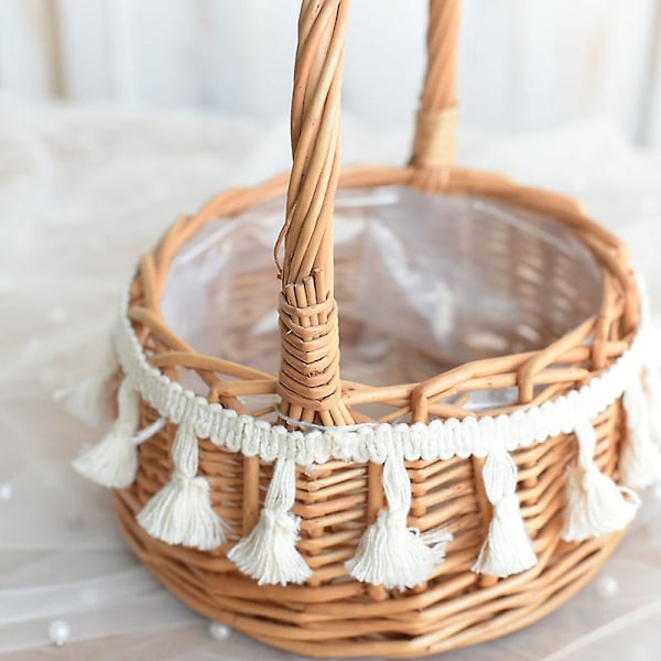 2 kpl Rustic Woven Rattan Kukkakori Käsittelyllä, Kahvalla, Pitsikoristeilla, Kukille ja Hedelmille, Hääihin, Syntymäpäiville ja Juhliin