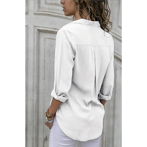 Elegant Hvit Chiffon V-Hals Bluse, XL - Monokrom Langarmet Topp for Kvinner