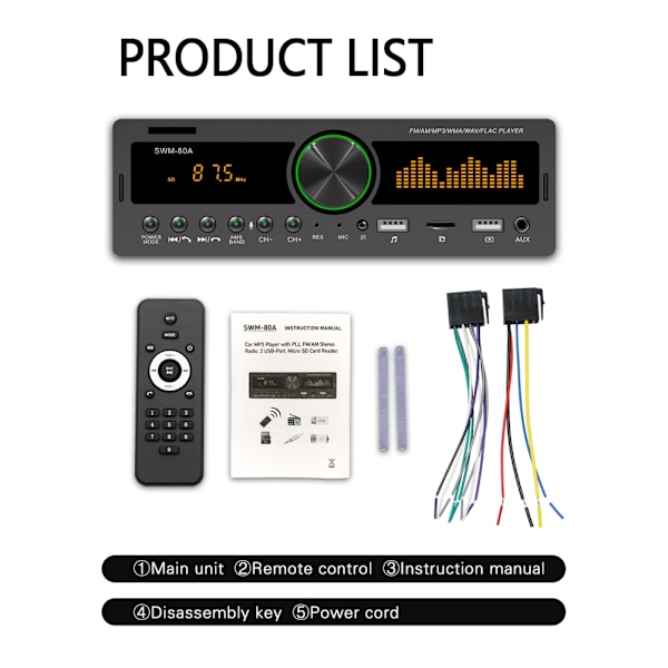 SWM-80A Autoradion MP3-soitin FM-radio Värikäs valaistus Bluetooth MP3-audiosoitin