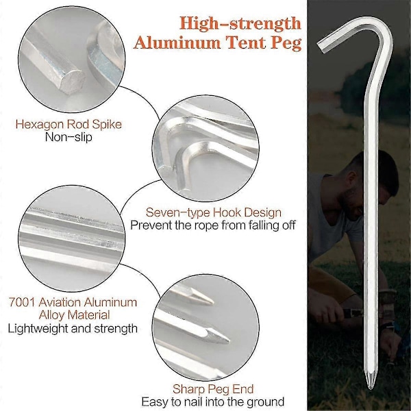 Teltplugger i aluminium, 4-pakning sekskantede teltplugger med krok, 7 tommer lange, Zekai