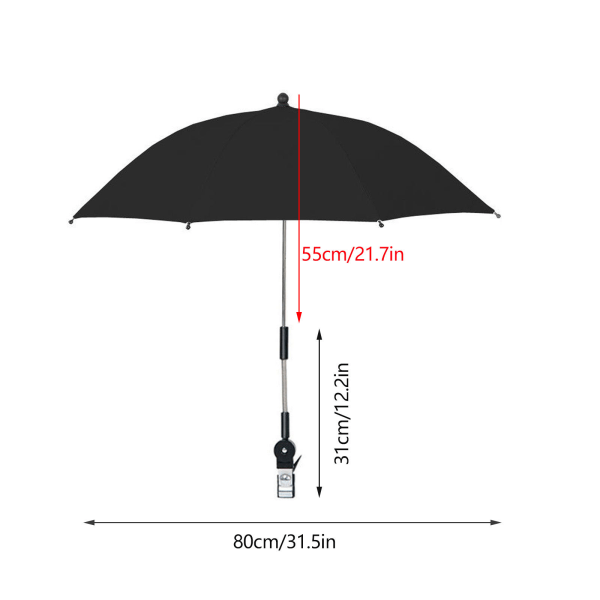 Kannettava tuolin sateenvarjo kiinnikkeellä - Säädettävä korkeus ja universal istuvuus (sateenvarjon korkeus 55 cm, cover halkaisija 80 cm) black