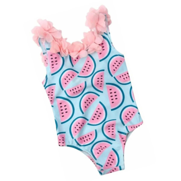 Barnbaddräkt för flickor med vattenmelonsmönster och 3D-blommor, enfärgad baddräkt för strand, rosa och blå, 110 cm/43,3 tum