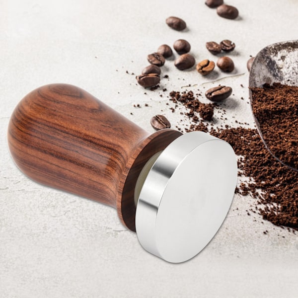 Kaffe Tamper i Træ med Flade Bund i Rustfrit Stål (51mm)