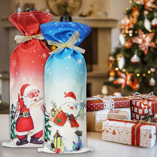Julevinflaske Gavepose Snøringspose for Vin Julenissen Snømann Mønster Julevinflaske Deksel Gaveposer