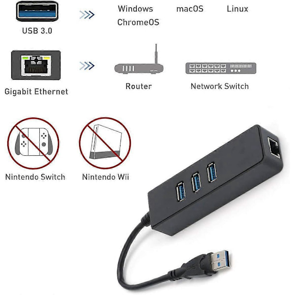 USB 3.0 Hub, 3 Portar USB HUB med RJ45 10/100/1000 Gigabit Ethernet Nätverksadapter, Konverter Kabelansluten USB Nätverksadapter för Ultrabooks, Notebooks, T