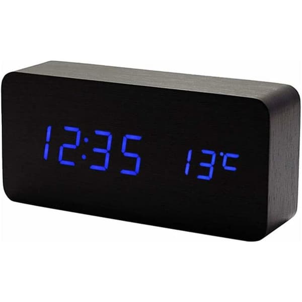 Digital träklocka - Multifunktionell LED-väckarklocka med tid/datum/temperaturvisning och röststyrning - Svartblå