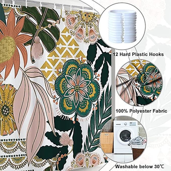 Bohemia Bruseforhæng, Boho Stil Bruseforhæng Blomster Rose Grønt Blad Badeforhæng Skimmelsikker Vandtæt Vaskbart Polyesterstof Badeværelsesforhæng