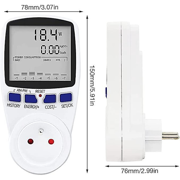 Wattmeter, Digital Energimåler Stikdåse, Strømforbrugsmåling, Energiforbrug Stikdåse med 7 Tilstande og LCD-Display, Wattmeter Stikdåse, 16A O