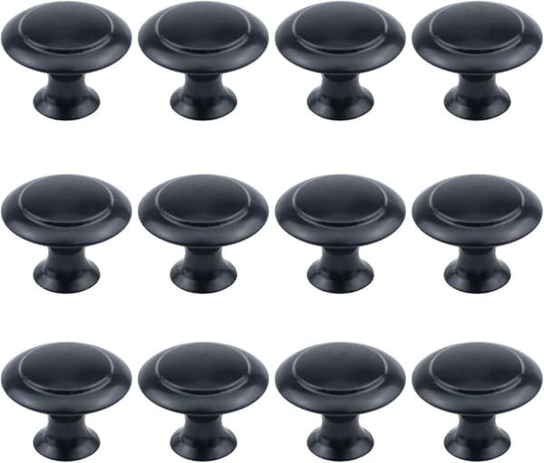 12-pack 1-tums diameter, platta svarta skåpsbeslag runda knoppar