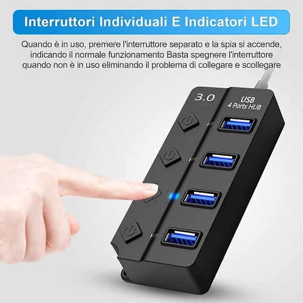 USB 3.0 -keskitin erillisellä kytkimellä ja LED-valoilla, 4-porttinen USB-keskitin virtalähteellä nopeaan tiedonsiirtoon ja lataukseen