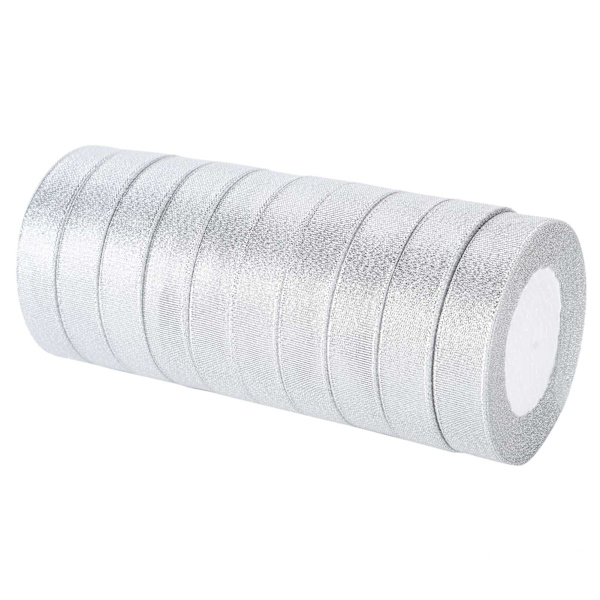 10 rullar glitter satinband polyester presentförpackning bröllopsdekoration festtillbehör silver