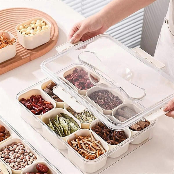 9 Fack Uppdelad Serveringsbricka med Lock Portabel Snacksbox