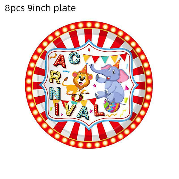 Djurtema Cirkus Karneval Födelsedagsfest Tillbehör Set 9tums Tallrik 8st