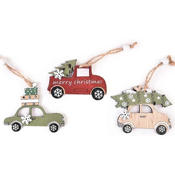 Nyttår Elg Trehus Bil Rustikk Håndlaget Tre Hengende Juletre Dekorasjon Festutstyr Hengende Anheng Ornamenter Sett med 3 (StyleCar A)