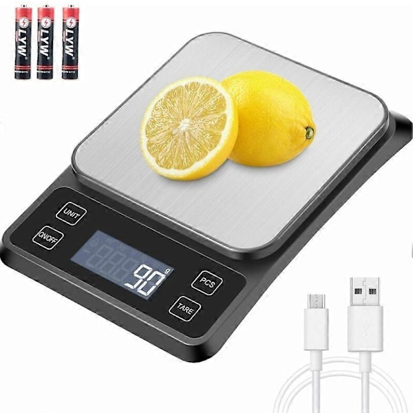 Køkkenvægt USB Genopladelig Præcisionsvægt, 10 kg/1 g Elektronisk Køkkenvægt i Rustfrit Stål, Væskemåling, Baggrundsbelyst LCD, Auto-sluk, Batteri