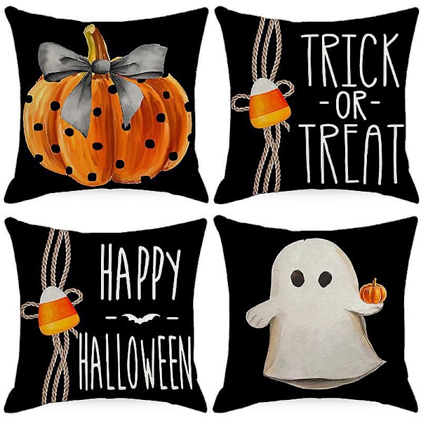Halloween-tyynynpäälliset, 4 kpl - Musta, 18x18, Sisä- ja ulkokäyttöön sopiva koristetyynynpäällinen kotiin, sohvalle