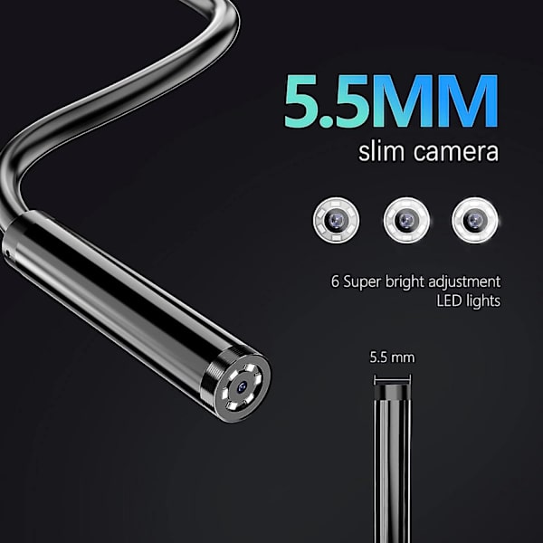 Trådlös HD-endoskopkamera - 5,5 mm inspektionsboroskop med Wifi, IP67 vattentät, 6 LED-lampor - Kompatibel med iPhone, Android-telefoner