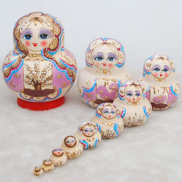 Handgjorda ryska Matryoshka häckande dockor Set med 10 - målade trädockor, traditionella handgjorda ryska gåvor och leksaker