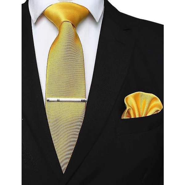 Klassisk silkeslipssæt til mænd med bindeclips og firkantet lomme - gul