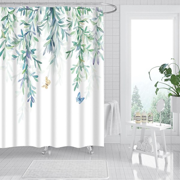 Vandtæt Bruseforhæng, Maskinvaskbar, Hurtigtørrende, 180x180cm til Badekar eller Badeværelse, Sommerfugl Plante Mønster