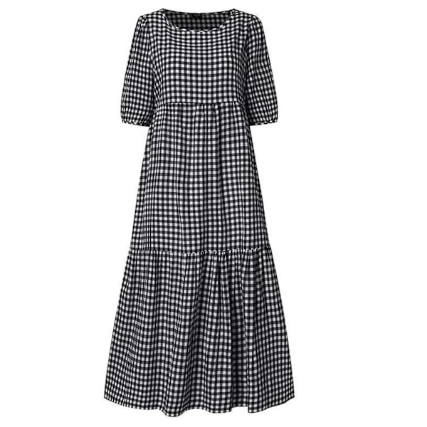 Sommer Plaid Puffy Midi-kjole til kvinder - Sort