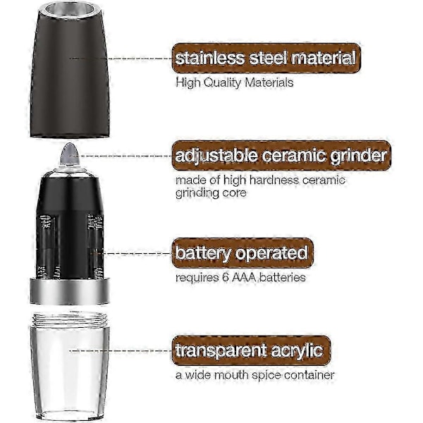 Elektrisk salt- og pepperkvern, justerbar grovhet, automatisk kvern, batteridrevet med LED-lys