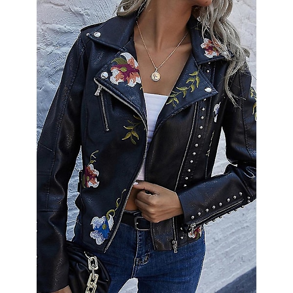 Floral broderet kunstlæder bikerjakke til kvinder XL sort